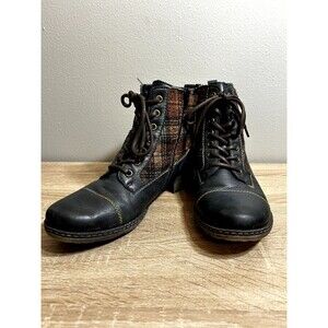 Remonte Blue Leather Booties EU 38 US 7.5 Cozy Cottage Core Plaid Rainbow Stitch